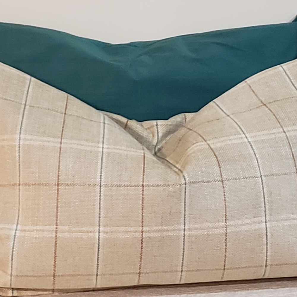 Farmhouse Plaid Upholstery Cream And Emerald Green Silk Pillow Covers Combo Set.